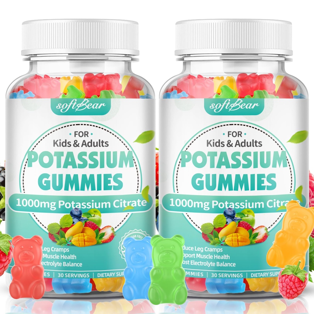 softbear Κάλιο Citrate Gummies, Υψηλής ισχύος κάλιο Citrate 1000mg Υποστήριξη Πόδι Cramps & μυϊκή υγεία Κάλιο Gummies για ενήλικες & παιδιά μικτή γεύση φρούτων 120 Count