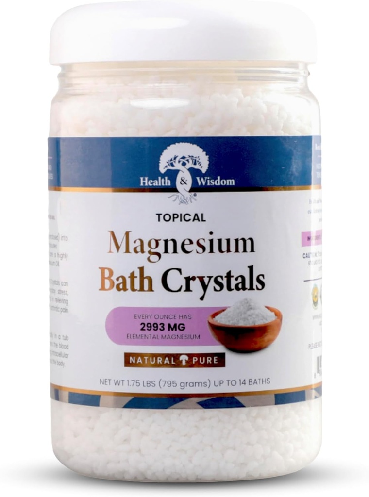 Health and Wisdom Magnesium Bath Crystals - Bath Salts with High Concentration & Enhanced Absorption for Muscle & Joint Relief - Dead Sea Sourced - Unscented - 1.75 lbs - Up to 14 Uses