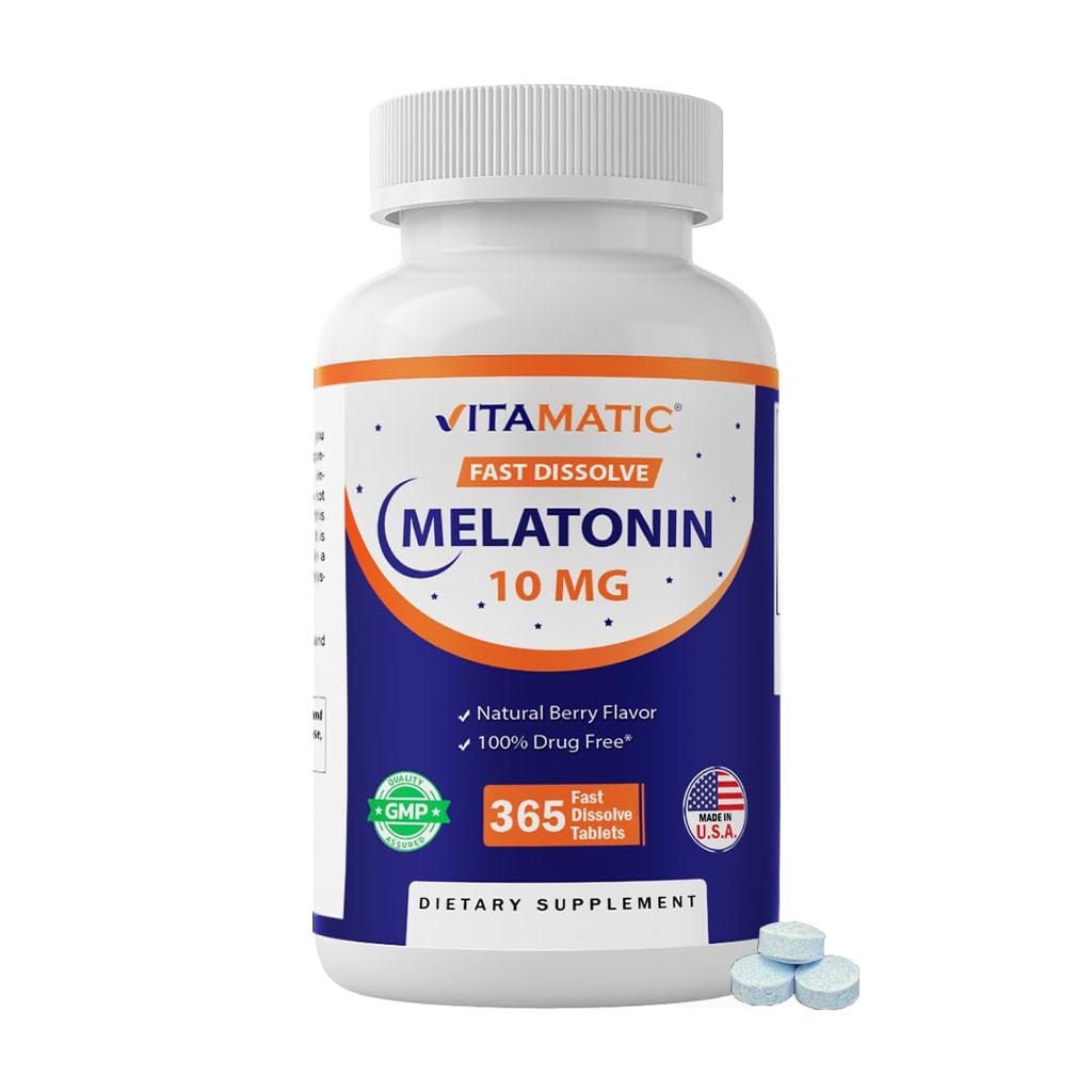 Vitamatic Melatonin 10 mg Ταμπλέτες ταχείας διάλυσης – Γρήγορο συμπλήρωμα υποστήριξης ύπνου για ενήλικες – Χορτοφαγικά, Μη ΓΤΟ και Χωρίς Γλουτένη – Φυσικό άρωμα μούρου – 365 δισκία