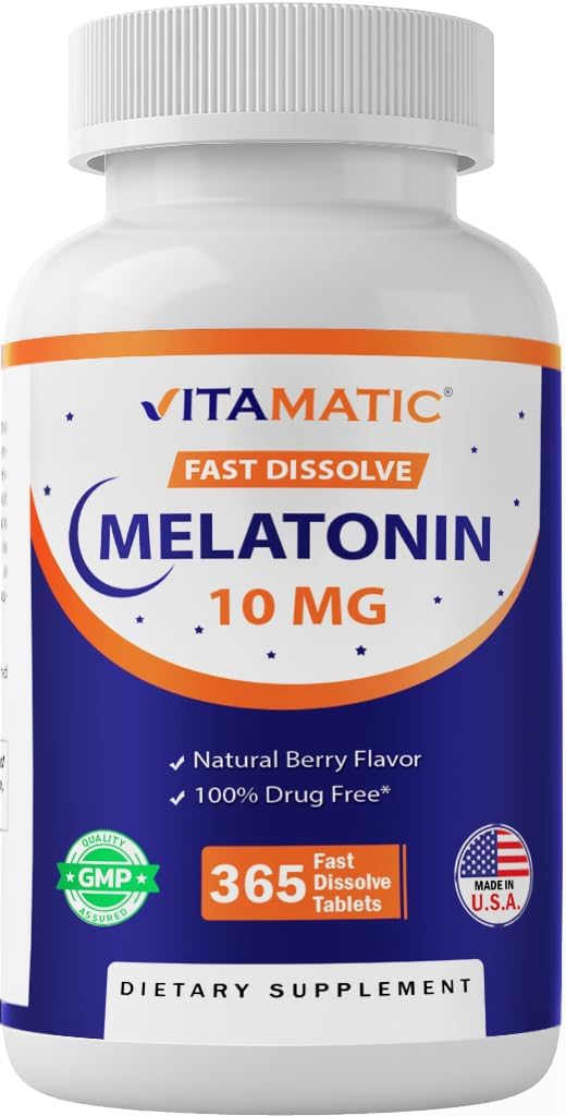 Vitamatic Melatonin 10 mg Tablets | Vegetarian, Non-GMO, Gluten-Free | 1-Year Supply | Natural Berry Flavor - 365 Tablets