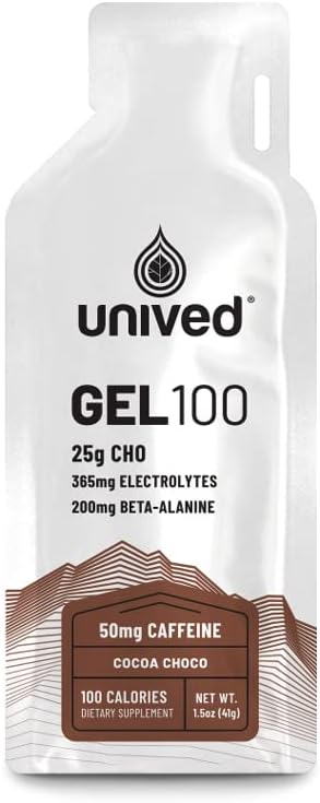 Unived Gel 100 - Vegan Energy Gel for Endurance Athletes Runners & Cyclists - 100kcal - Cocoa Choco - 50mg καφεΐνη - Συσκευασία των 6