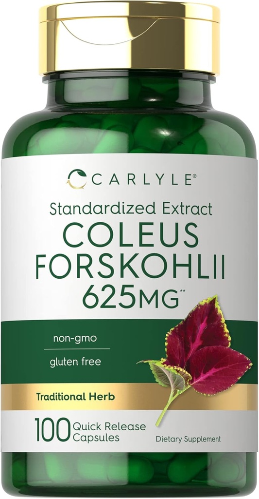 Carlyle Coleus Forskohlii Capsules | 625mg | 100 Count | Non-GMO & Gluten Free Standardized Extract | Forskolin Supplement