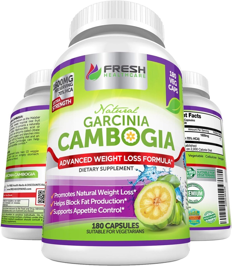 FRESH HEALTHCARE 100% Pure Garcinia Cambogia Extract - All Natural Appetite Suppressant & Weight Management Support - 180 Capsules