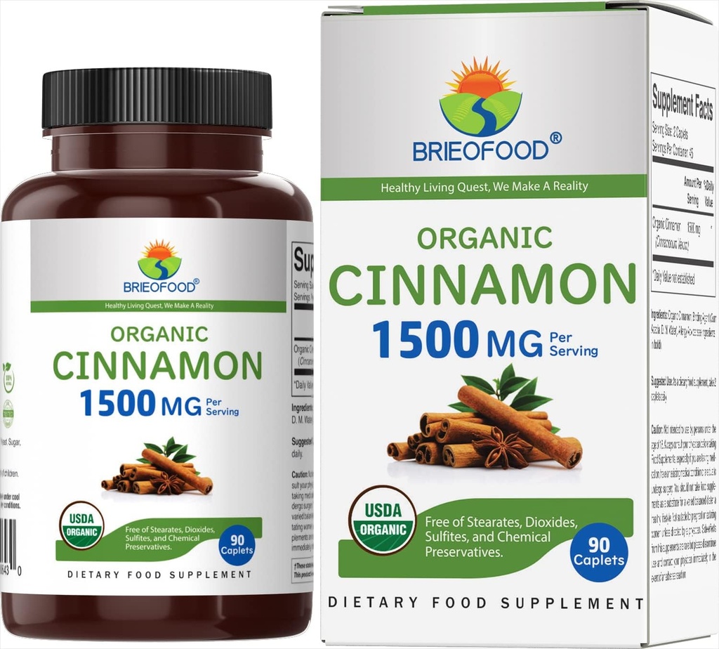 Brieofood Organic Cinnamon 1500mg, 45 μερίδες, χορτοφαγικά, χωρίς γλουτένη, 90 χορτοφαγικά δισκία