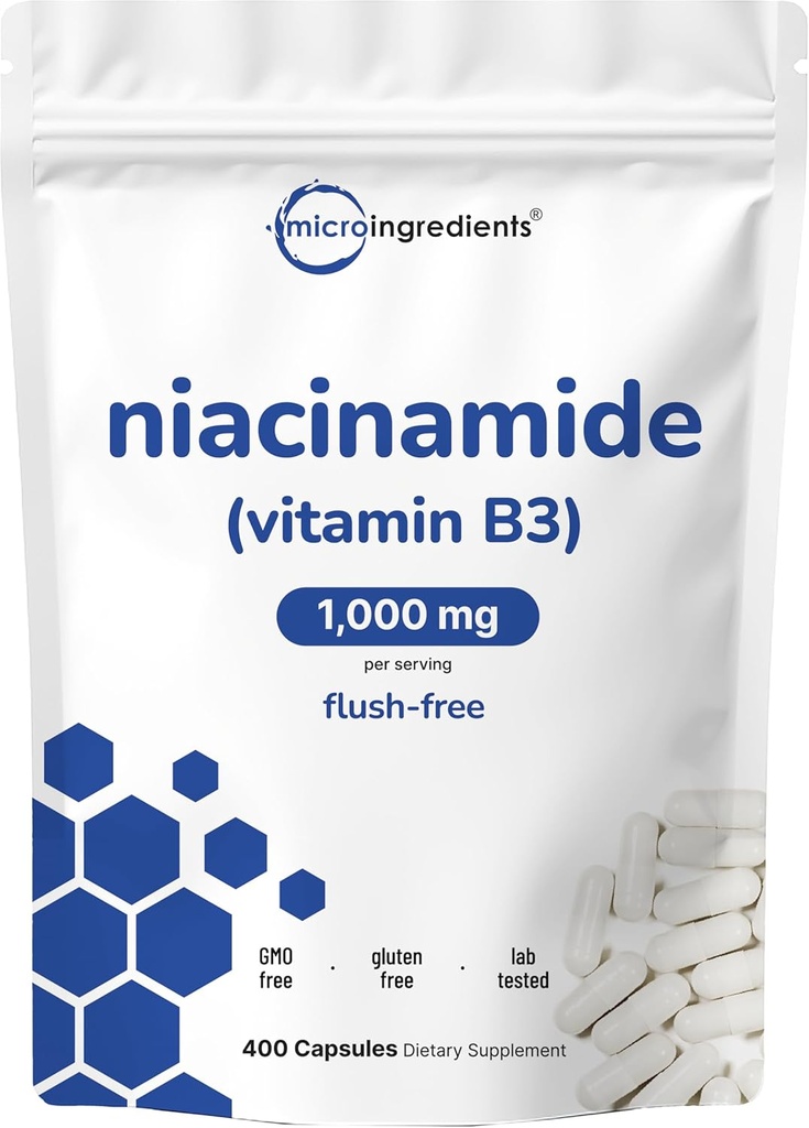 Vitamin B3 Niacinamide 500mg Per Capsule, 400 Capsules | 1,000mg Flush Free Niacin Per Serving, Essential B Vitamin Supplement | Skin Care Health & Energy Support | Non-GMO, Gluten Free