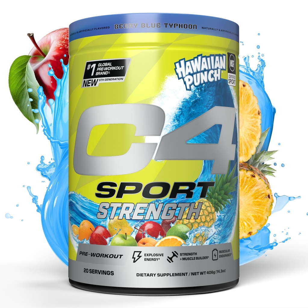 Cellucor C4 Sport Strength Pre Workout Powder - NSF Certified for Sport - Beta-Alanine, Creatine, 200mg Caffeine - Συμπλήρωμα ενέργειας χωρίς ζάχαρη για άνδρες και γυναίκες - Χαβανέζικο Punch Berry Blue, 20 Υπηρεσίες