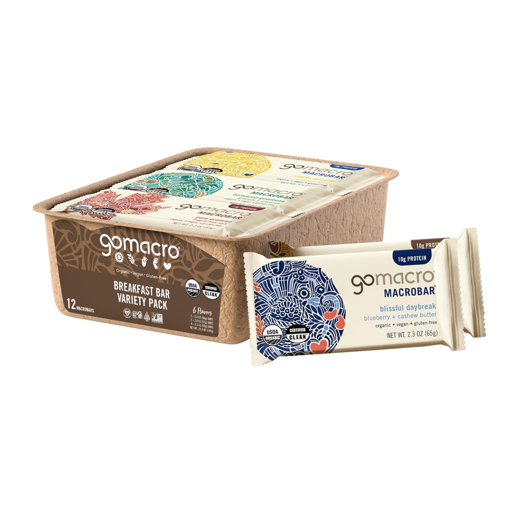GoMacro Macrobar Organic Vegan Protein Bars, πακέτο ποικιλίας πρωινού, 12 κόμης