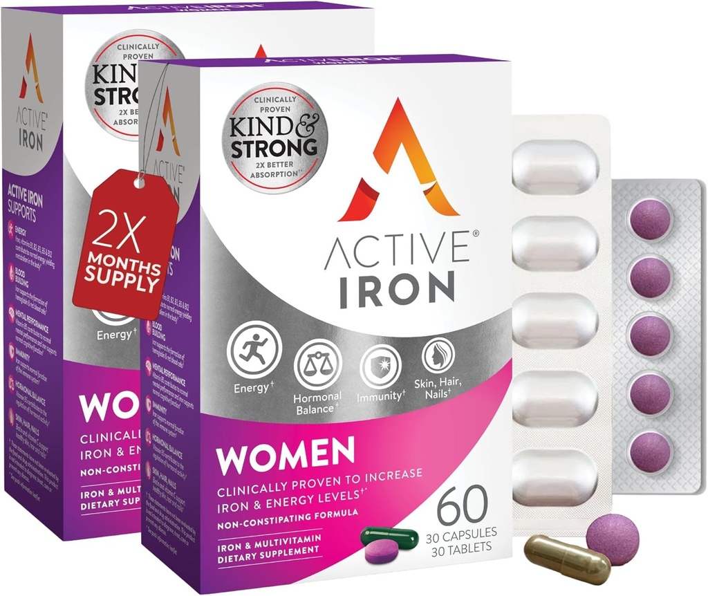 Active Iron Supplement 25mg + Multivitamin για γυναίκες – Κλινικά αποδεδειγμένα για την αύξηση της ενέργειας & τη μείωση της κούρασης – Απαλός, μη συνθετικός σίδηρος + Πολυβιταμίνη γυναικών – 60 κάψουλες + 60 δισκία
