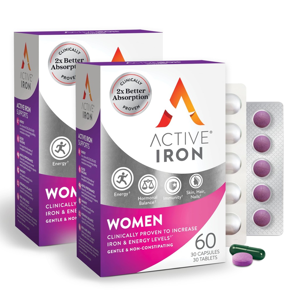 Active Iron Supplement 25mg + Multivitamin για γυναίκες – Κλινικά αποδεδειγμένα για την αύξηση της ενέργειας & τη μείωση της κούρασης – Απαλός, μη συνθετικός σίδηρος + Πολυβιταμίνη γυναικών – 60 κάψουλες + 60 δισκία