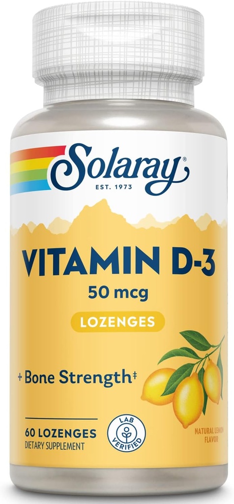 SOLARAY Vitamin D3 Lozenges 50mcg - 2000IU D3 Vitamin - Ισχυρά οστά, μύες και ανοσοποιητική υποστήριξη - Φυσικό άρωμα λεμονιού - Εργαστήριο Επαληθευμένο, 60-Ημέρες Εγγύηση - 60 Μερίδες, 60 Lozenges