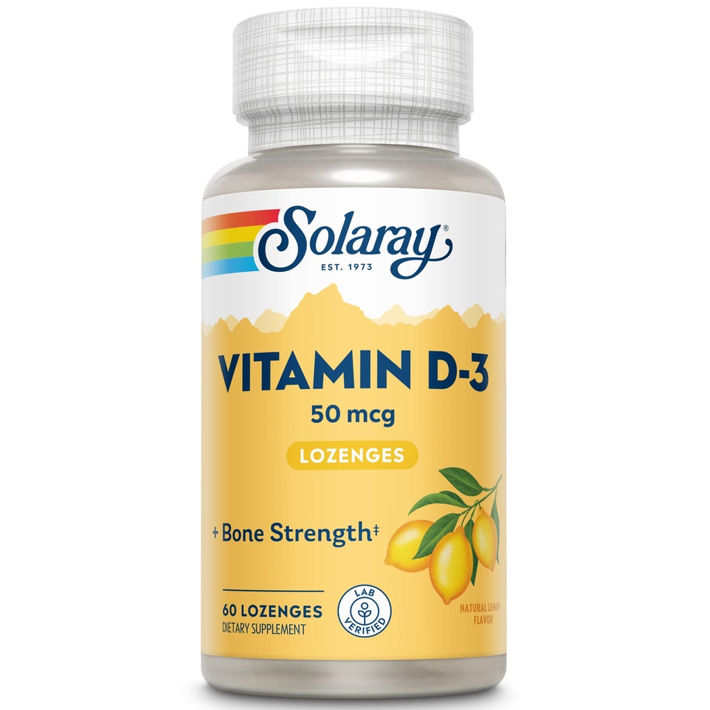 SOLARAY Vitamin D3 Lozenges 50mcg - 2000IU D3 Vitamin - Ισχυρά οστά, μύες και ανοσοποιητική υποστήριξη - Φυσικό άρωμα λεμονιού - Εργαστήριο Επαληθευμένο, 60-Ημέρες Εγγύηση - 60 Μερίδες, 60 Lozenges