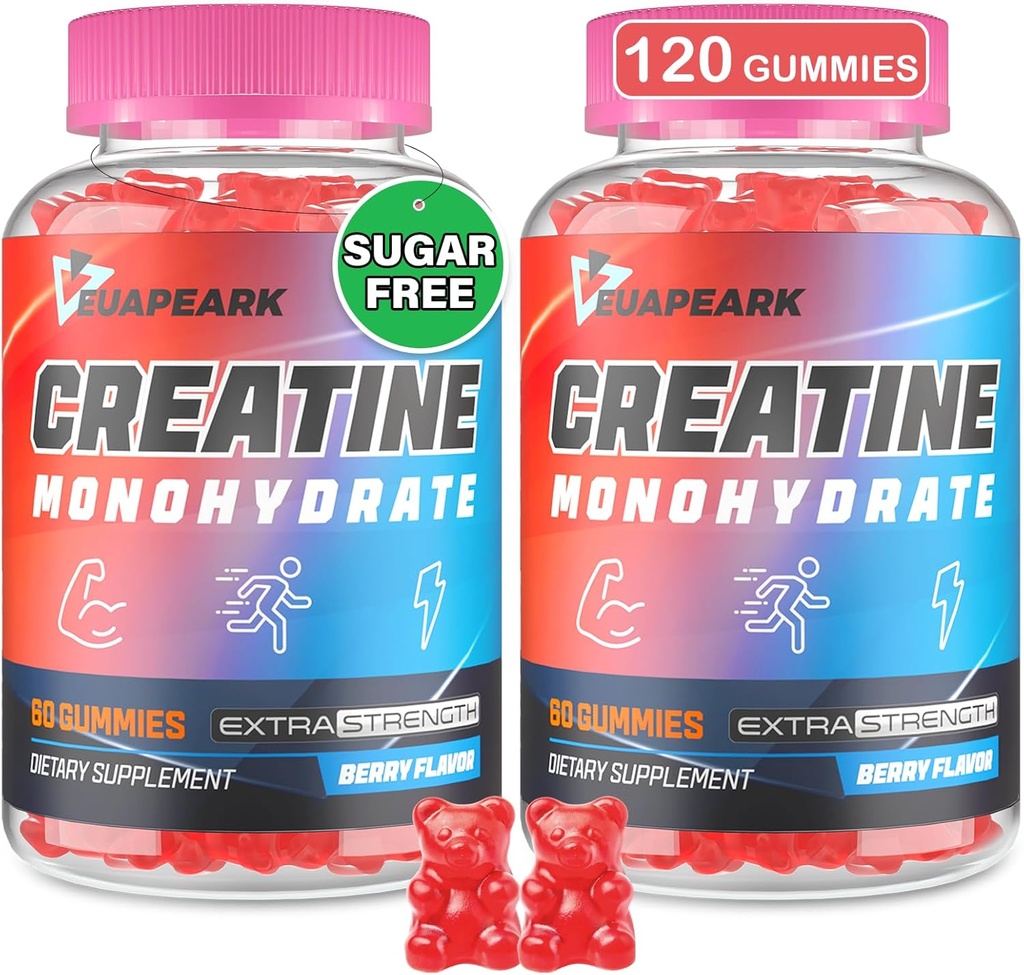 Creatine Monohydrate Gummies, Pre-Workout Chewables Supplement for Women and Men, Creatine Monohydrate with Taurine & B6 - for Μύες, Δύναμη, Αντοχή & Ενέργεια, Vegan (Berry, 120 Gummies)