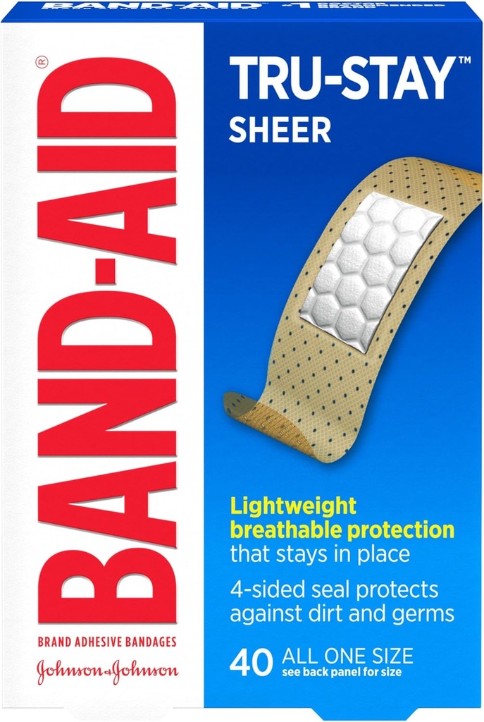 Band-Aid Brand Tru-Stay Sheer Strips Αυτοκόλλητες αποστειρωμένες ταινίες για την προστασία πρώτων βοηθειών & τραύματος, ατομικά τυλιγμένες περικοπές τραύματος για μικρές περικοπές & σκραπ, Όλα ένα μέγεθος, 40 ct