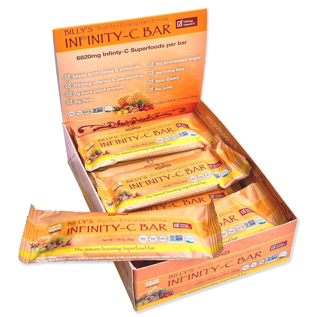 Infinity C Superfood Bars, Healthy Energy Bars με 1125 mg ολικής τροφής βιταμίνη C, ανοσοενισχυτικά συστατικά φυτών με βάση, Camu Camu, Acerola, Amla σκόνη, & Shilajit, ακατέργαστο, χωρίς γλουτένη, μη ΓΤΟ