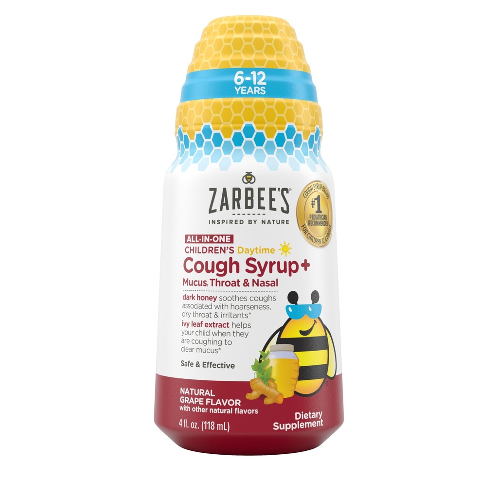 Children's Daytime All-in-One Honey Cough Syrup + Mucus, Throat & Nasal for Kids 6-12 + Dark Honey, Ivy Leaf Extract, Zinc Turmeric Root, & B-Vitamins, Drug-Free, Grape, 4 fl oz