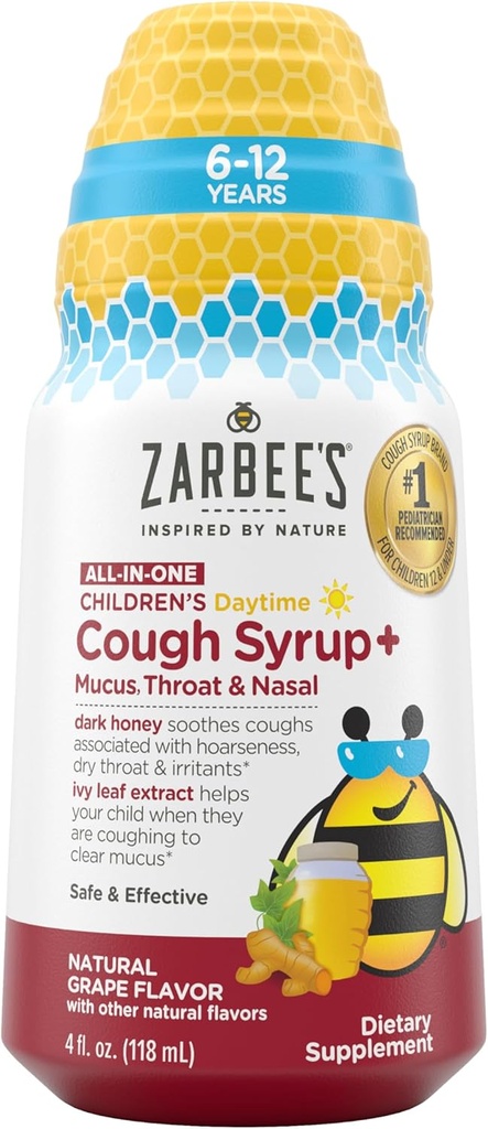 Children's Daytime All-in-One Honey Cough Syrup + Mucus, Throat & Nasal for Kids 6-12 + Dark Honey, Ivy Leaf Extract, Zinc Turmeric Root, & B-Vitamins, Drug-Free, Grape, 4 fl oz