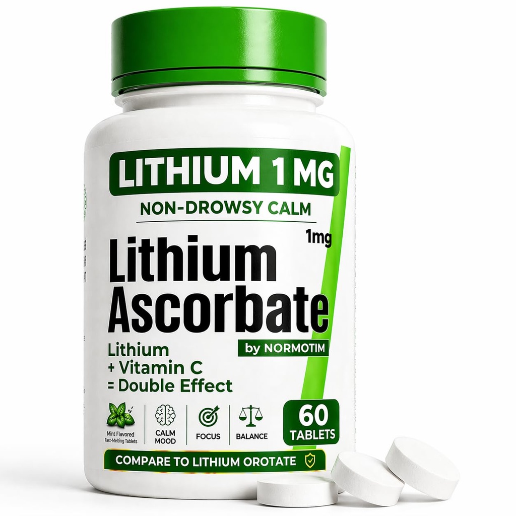 Low Dose Lithium Supplement 1mg – Non-Drowsy Calm & Focus – Fast-Dissolve Lithium Ascorbate Tablets with Vitamin C – Compare to Lithium Orotate 1mg – 60 Count