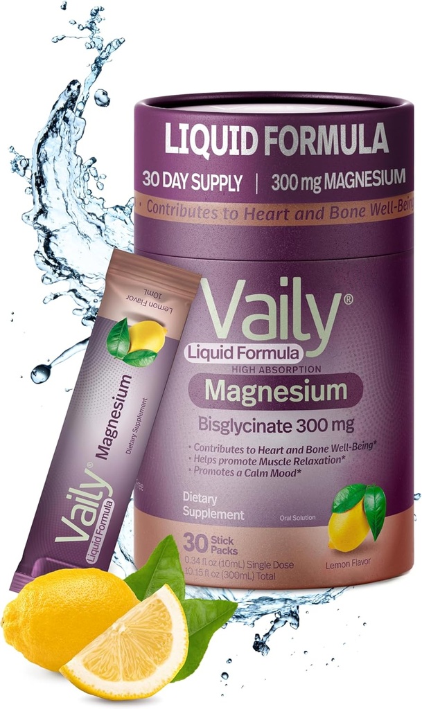 Vaily® Liquid Magnesium Supplement 300 mg - Ενισχυμένη Απορρόφηση, Υγεία Καρδιάς & Οστών - Helps Calm Restful Sleep - Υγρό Μαγνήσιο Διγλυκινικό για Ενήλικες - Λεμόνι Γεύση,30PK