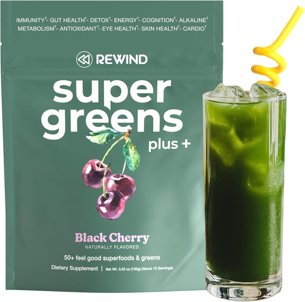 Super Greens Powder με 50+ Superfoods – Daily Green Juice για όλη την οικογένεια – Delicious Green Powder Drink Mix – Black Cherry Flavor - 10 Μερίδες
