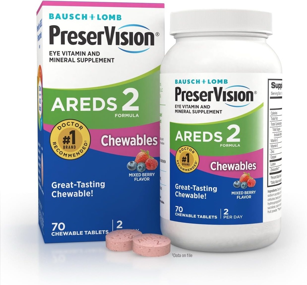 PreserVision AREDS 2 Eye Vitamins, # 1 Eye Doctor Συνιστάται Brand, Chewable Lutein και Zeaxanthin συμπλήρωμα με βιταμίνη C, βιταμίνη Ε, Zinc, και χαλκού, μικτή μούρο, 70 δισκία