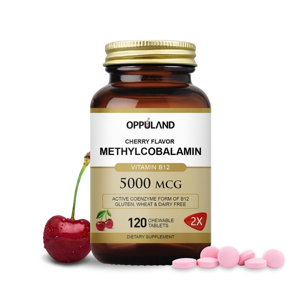 Μεθύλιο B-12 5000mcg Μασώμενο με φολικό - Βιταμίνη B12 Μεθυλοκοβαλαμίνη Υπογλώσσια δισκία - Υποστηρίζει την ενέργεια & λειτουργία του εγκεφάλου - συμπλήρωμα Vegan - γεύση κεράσι - 120 κόμης