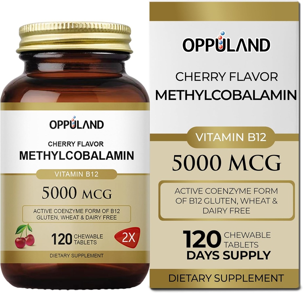 Μεθύλιο B-12 5000mcg Μασώμενο με φολικό - Βιταμίνη B12 Μεθυλοκοβαλαμίνη Υπογλώσσια δισκία - Υποστηρίζει την ενέργεια & λειτουργία του εγκεφάλου - συμπλήρωμα Vegan - γεύση κεράσι - 120 κόμης