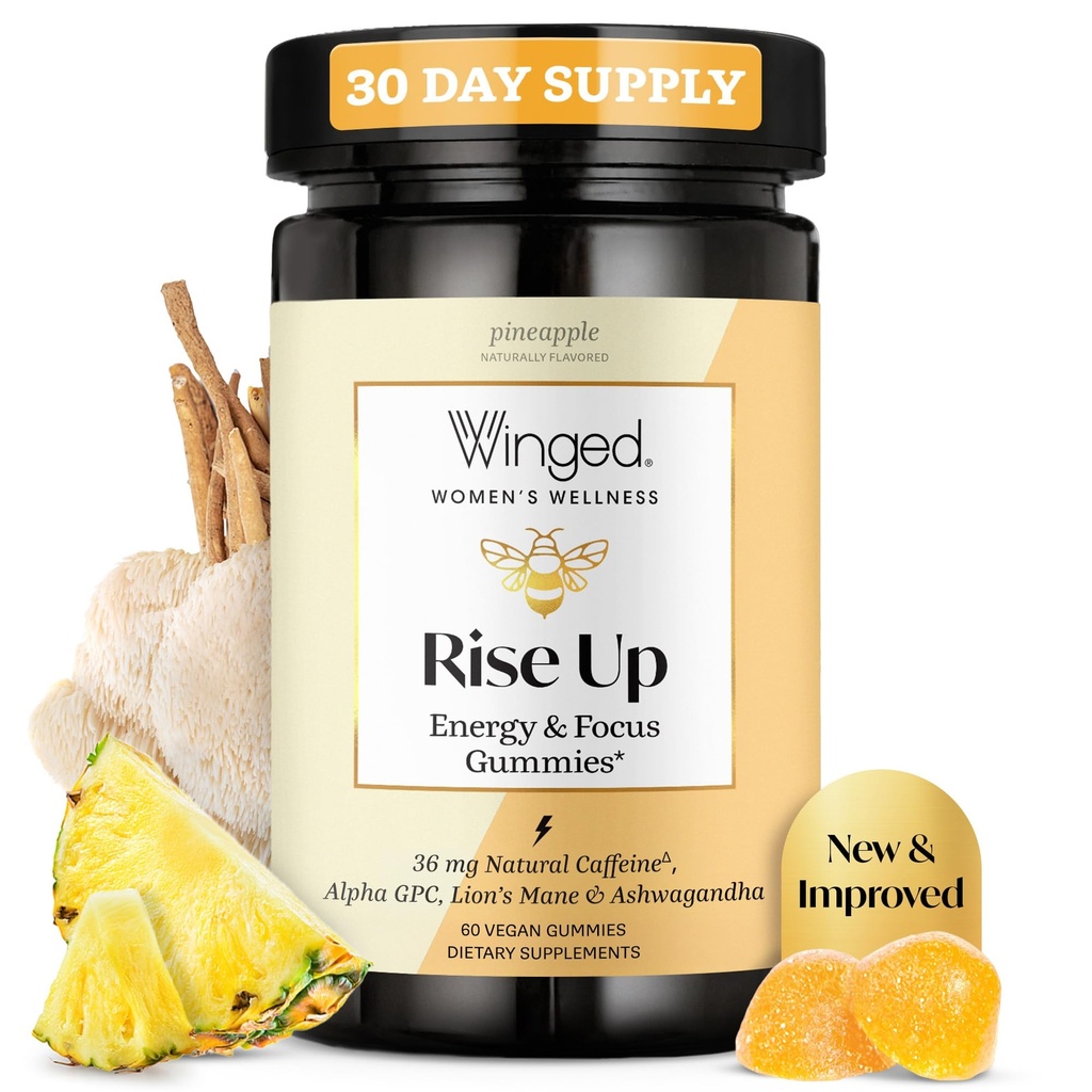 Winged Wellness Rise Up, Energy & Focus Gummies for Women - Daily Brain Boost Gummy Supplement with Natural Caffeine, Ashwagandha, B12, Nootropics Alpha-GPC & Lion's Mane - Pineapple, 60 Gummies