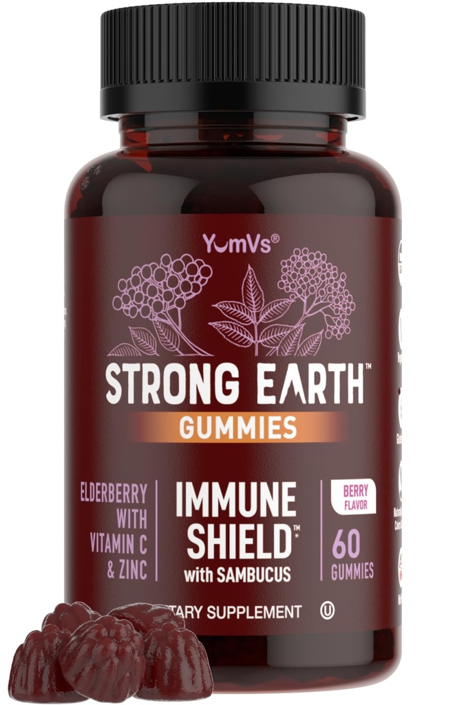Ισχυρή Γη Gummys Elderberry – Sambucus Elderberry Ανοσοποιητική Υποστήριξη με Βιταμίνη C & Ψευδάργυρο – Black Elderberry Gummies, Berry Flavor, Non-GMO, Gluten Free, Kosher – 60 Count