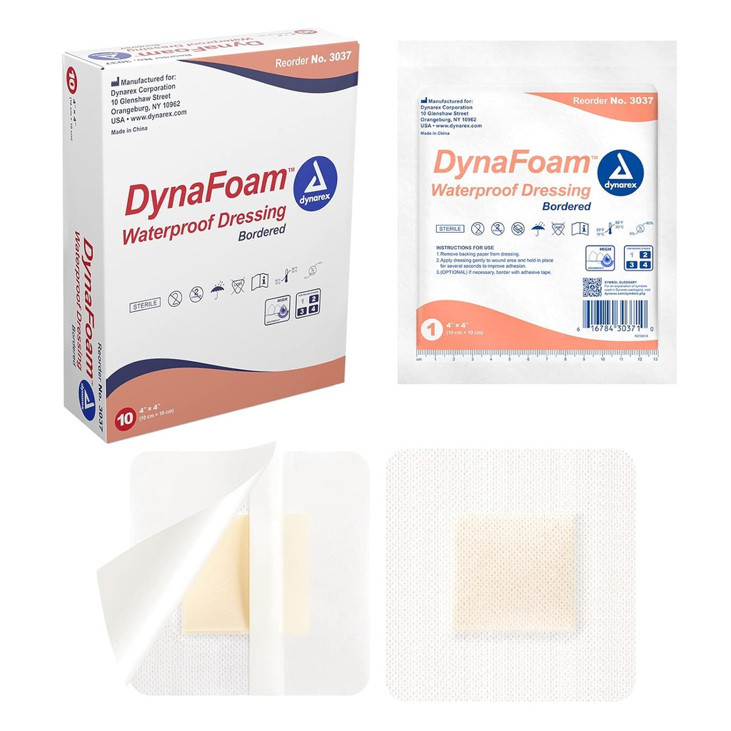 Dynarex Dynafoam Αδιάβροχη Συγκολλητική Αφρώδη Πληγή Dynarex, 4" x 4", 10 κόμης