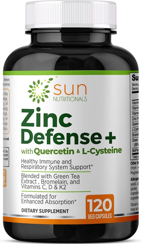 Ψευδάργυρος Defense+ με Quercetin, Bromelain, L-Cysteine, EGCG (Green Tea Extract), Βιταμίνες C, D3 & K2, 2-Month Supply, 120 VCaps, μη-GMO, Χωρίς γλουτένη