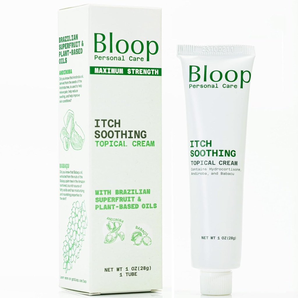 Bloop Anorectal Itch Soothing Cream with Hydrocortisone, Andiroba/Babacu Oils | Max. Strength for Rapid Itch Relief & Cooling (1oz)