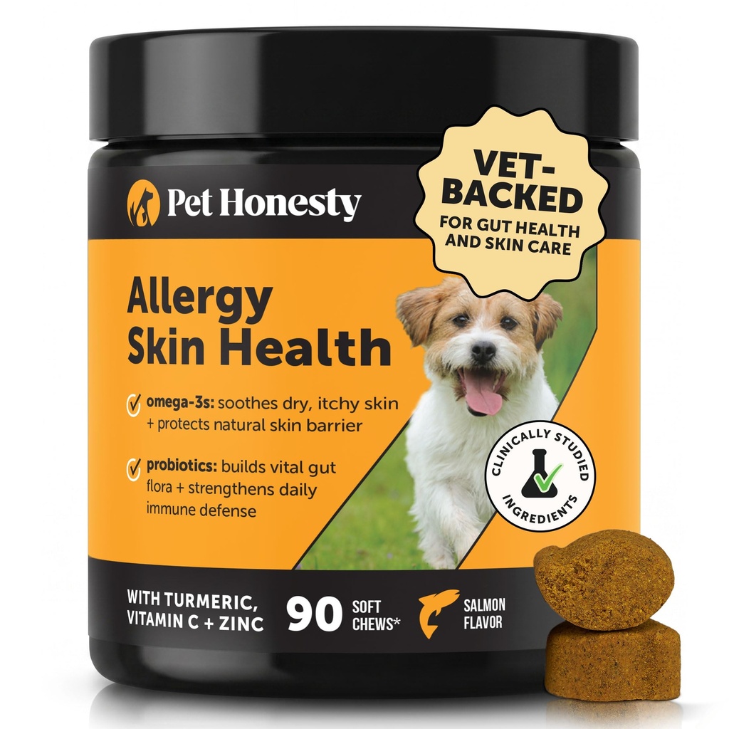 Dog Allergy Relief Chews for Itchy Skin + Immune Support - Omega 3 Fish Oil, Probiotics, Turmeric + Zinc - Anti Itch Supplement for Paw Licking, Seasonal Allergies + Dry Skin (Salmon, 90 Ct)