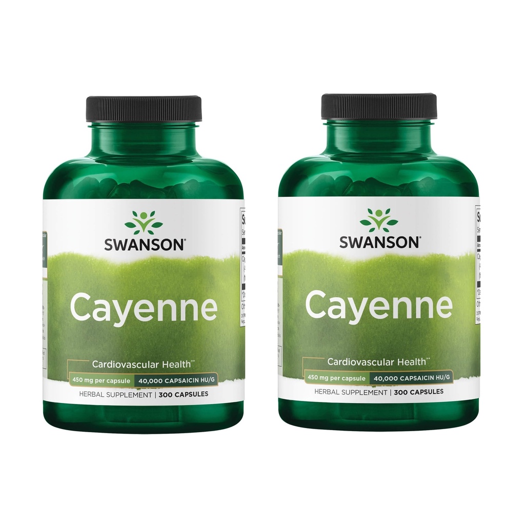Swanson Cayenne - Βότανο συμπλήρωμα που προωθεί την πέψη, κυκλοφορία & Μεταβολισμός Υποστήριξη - Φυσική Φόρμουλα Μπορεί να υποστηρίξει την υγεία της καρδιάς - (300 κάψουλες, 450mg το καθένα) (2 Pack)