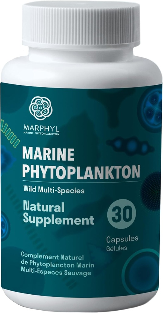 MARPHYL Marine Phytoplankton Wild Multi Species Natural Supplement - 150 mg per Capsule - Organic - 30 Vegan Capsules - from Vancouver Island, Canada