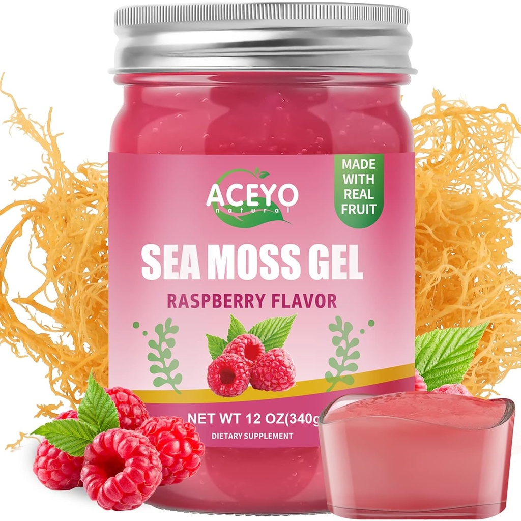 ACEYO (12 OZ) Irish Sea Moss Gel Organic Raw Vegan Raspberry Flavor 102 Βιταμίνες και Ορυκτά Άγρια Συγκομιδή Μη-GMO Ανοσοποιητικό αμυντικό ενισχυτή Thyroid Digestive Support