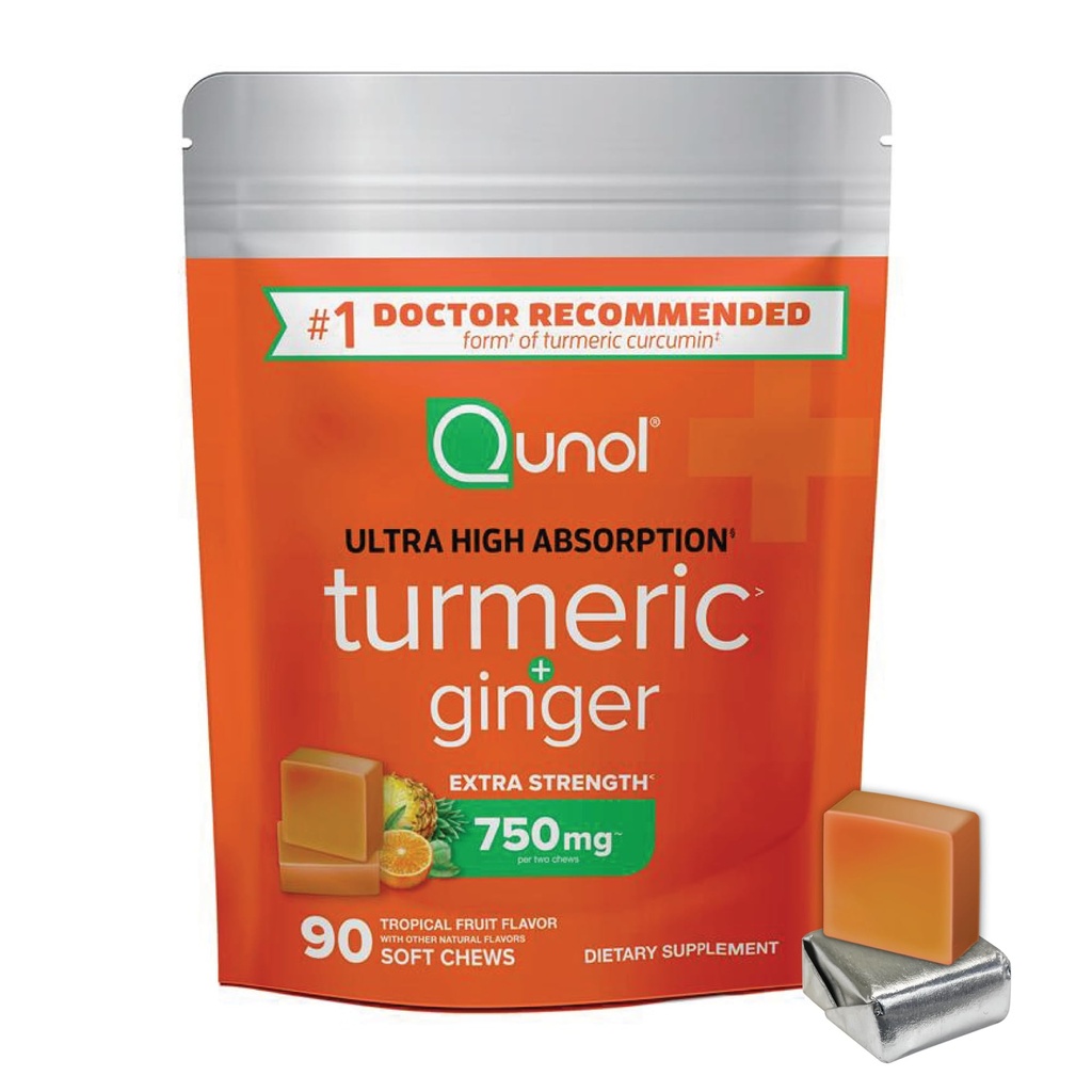 Qunol Turmeric και Ginger μαλακά μάσημα, 750mg συμπλήρωμα κουρκουμά, Ultra Υψηλή απορρόφηση για την υποστήριξη της κοινής υγείας, 90 Count
