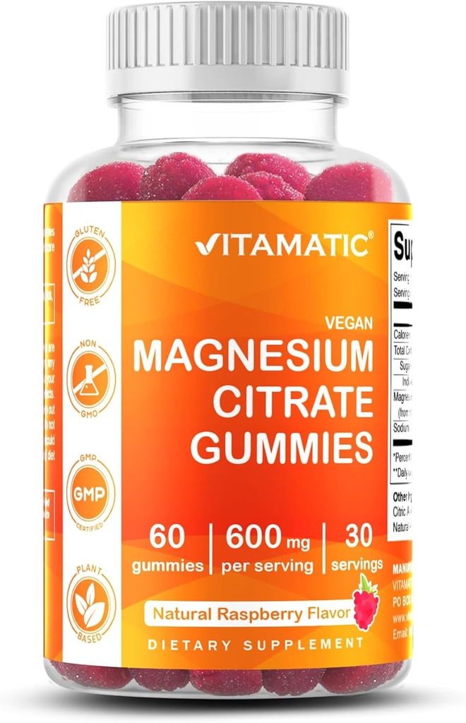 Vitamatic Magnesium Gummies 600mg ανά υπηρεσία – 60 Vegan Count for Relaxation, Muscle, Bone, and Energy Support