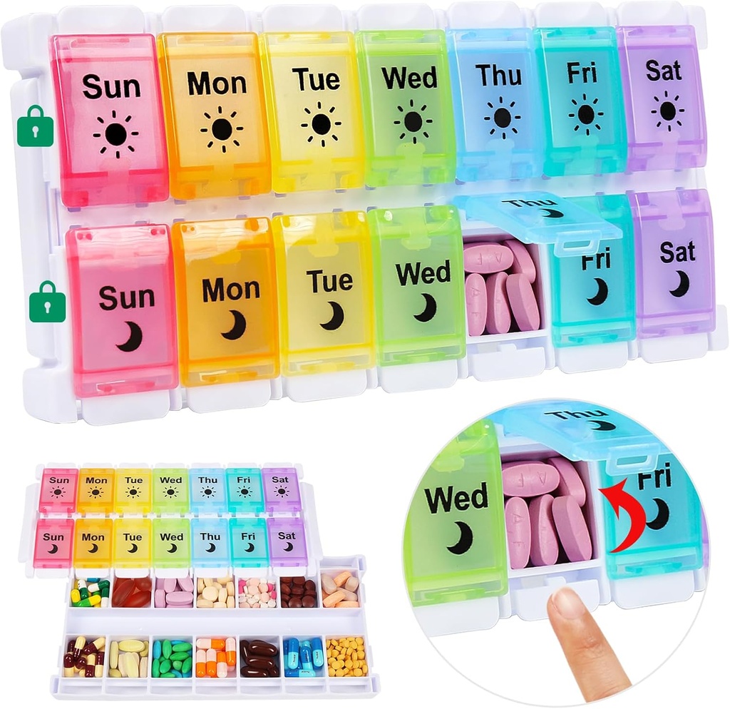 Shintop Am Pm Pill Organizer 7 Day, Push Button Weekly Pill Box 2 φορές την ημέρα Easy Fill Hill Holder Day Night Vitamin Case for Medications Fish Oil Supplements (Rainbow)