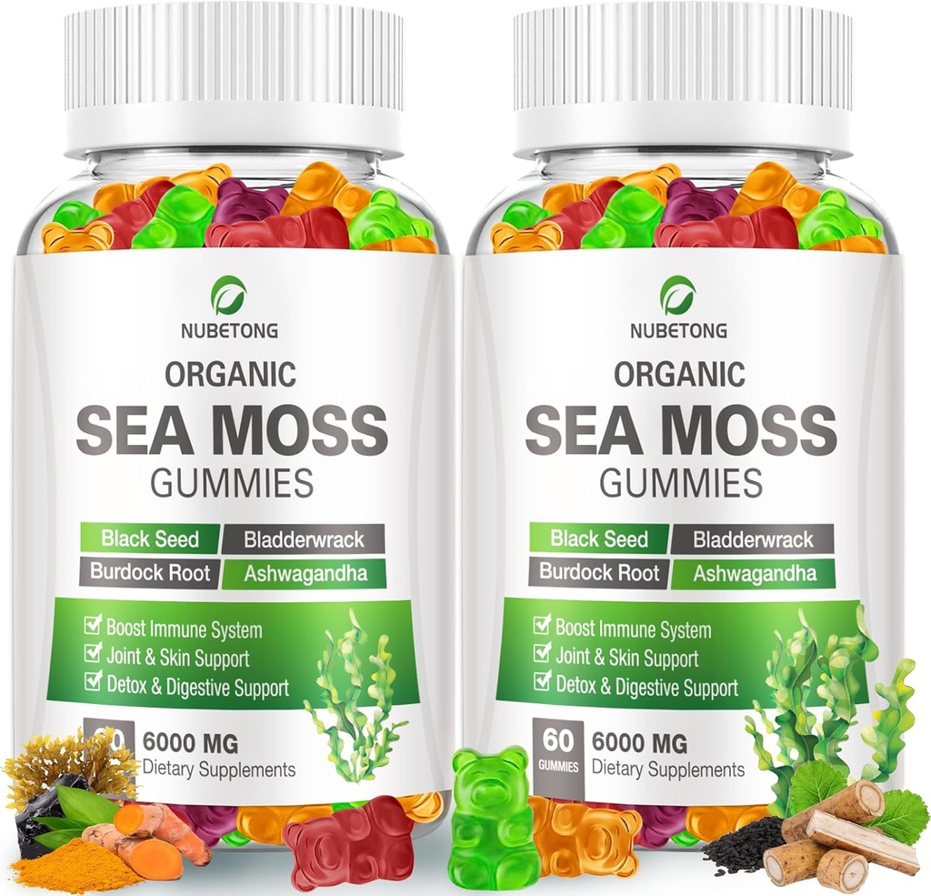 NUBETONG Irish Sea Moss Gummies 6000 mg με Bladderwrack και Burdock Root - Φυσικό Ιρλανδικό Seamoss συμπλήρωμα για Thyroid, Ενέργεια, Ανοσοποιητική Υποστήριξη - Επιπλέον δύναμη, Μεγάλη γεύση - Χωρίς γλουτένη, Vegan