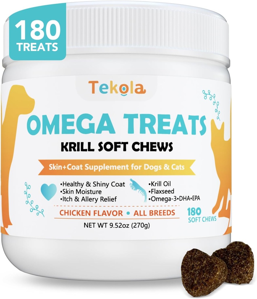 180 Chews Omega 3 για σκύλους & γάτες - με Krill - Skin and Coat Supplement - Dry & Ichy Skin Relief - Αλλεργία Ανακούφιση - Λαμπερό Κάλυμμα - Χωρίς Shedding - EPA & DHA, Βιταμίνες και Ορυκτά - Κοτόπουλο Γεύση