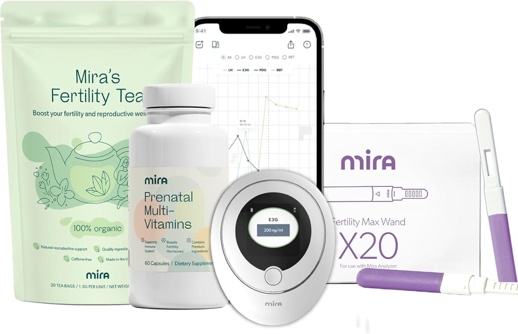 Mira Pregnation Bundle για την προσπάθεια σύλληψης, ψηφιακή γονιμότητα και Ovulation Kit με 20 Max Test Wands, 1 μπουκάλι Mira Προγεννητικές Πολυβιταμίνες (60 κάψουλες), & 1 Τσάντα Τσάι Γονιμότητας (20 Τσάι Τσάι)