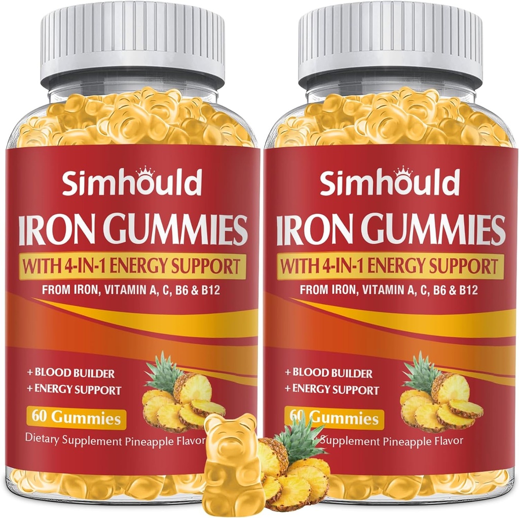 2 Pack Vegan 80MG Συμπληρώματα σιδήρου Gummies για γυναίκες & άνδρες - Βιταμίνη Α, C, B για ενήλικες & παιδιά - Αίμα & Οικοδόμος & Ενέργεια Υποστήριξη για την έλλειψη σιδήρου, αναιμία, 120 κόμητες ανανάς Γεύσεις Γεύσης