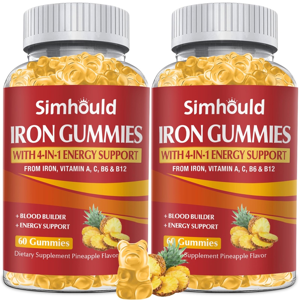 2 Pack Vegan 80MG Συμπληρώματα σιδήρου Gummies για γυναίκες & άνδρες - Βιταμίνη Α, C, B για ενήλικες & παιδιά - Αίμα & Οικοδόμος & Ενέργεια Υποστήριξη για την έλλειψη σιδήρου, αναιμία, 120 κόμητες ανανάς Γεύσεις Γεύσης