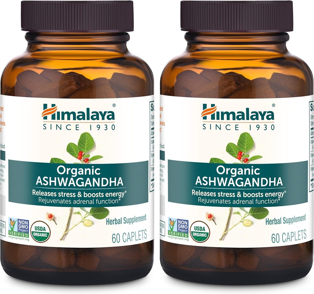 Himalaya Organic Ashwagandha, 120 Day Supply, συμπλήρωμα βοτάνων για ανακούφιση από το στρες, ενεργειακή υποστήριξη, περιστασιακή αϋπνία, USDA Organic, μη ΓΤΟ, Vegan, Gluten Free, 670 mg, 60 Caplets, 2 Pack