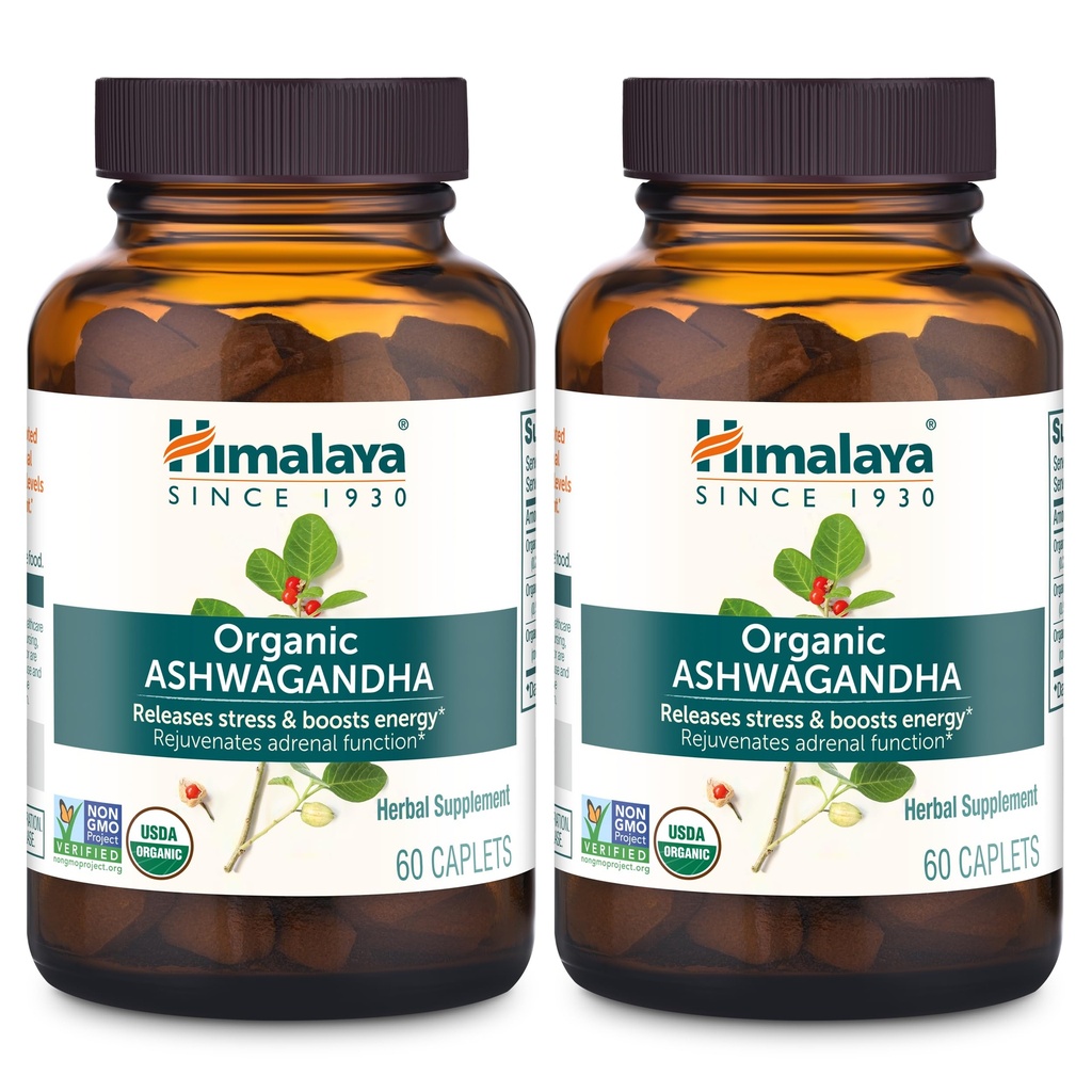 Himalaya Organic Ashwagandha, 120 Day Supply, συμπλήρωμα βοτάνων για ανακούφιση από το στρες, ενεργειακή υποστήριξη, περιστασιακή αϋπνία, USDA Organic, μη ΓΤΟ, Vegan, Gluten Free, 670 mg, 60 Caplets, 2 Pack
