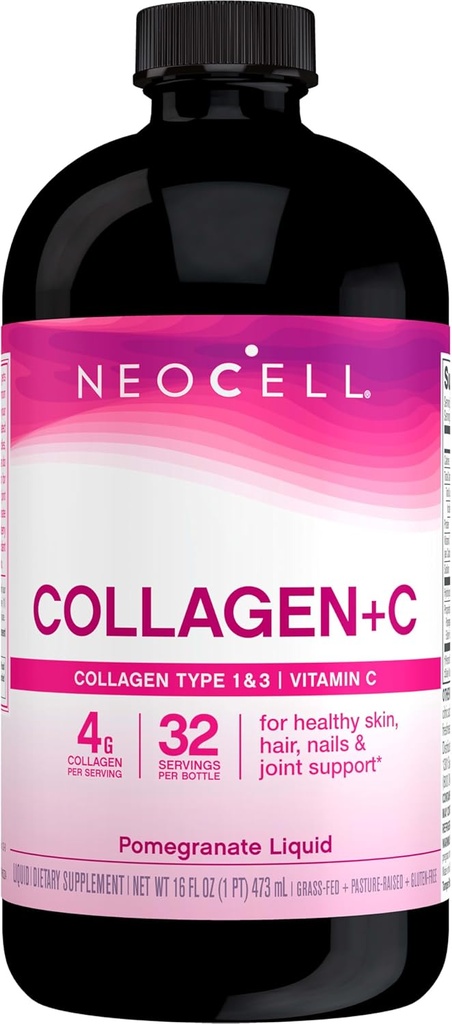 NeoCell Collagen Peptides + Vitamin C Liquid, 4g Collagen Per Serving, Χωρίς γλουτένη, Τύποι 1 & 3, Προάγει το υγιές δέρμα, τα μαλλιά, τα νύχια και την κοινή υποστήριξη, Ρόδι, 16 Oz