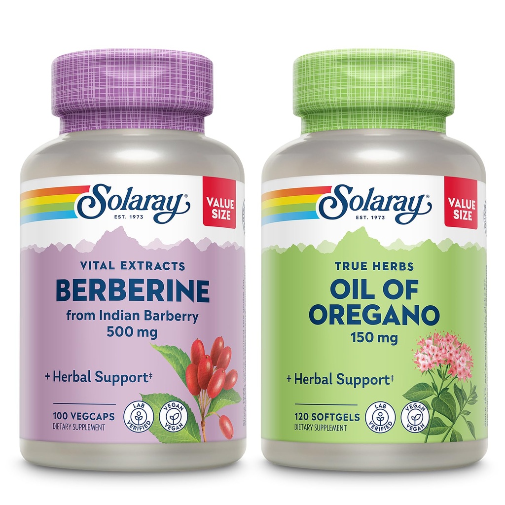 SOLARAY Berberine and Oil of Oregano Bundle - Berberine HCl from Indian Barberry Plus Oregano Oil Supplement for Powerful Wellness Support - 100 VegCaps/120 Softgels