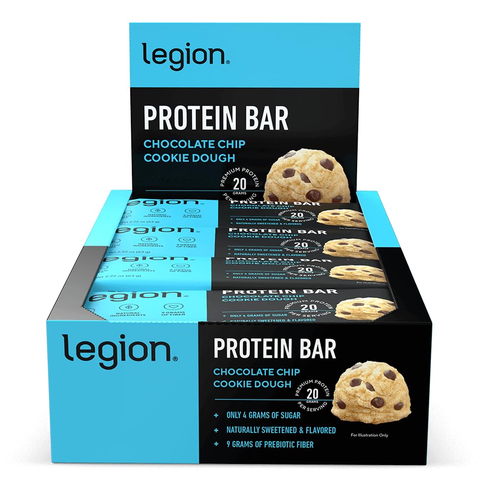 Legion Chocolate Chip Cookie Dough Protein Bar - 100% Whey Protein Bars Χαμηλή ζάχαρη Υψηλή πρωτεΐνη με προβιοτικές ίνες - χωρίς σόγια, χωρίς γλουτένη, φυσικά αρωματισμένα, χαμηλής περιεκτικότητας σε λίπος, υψηλής πρωτεΐνης Bars (12 κόμης)