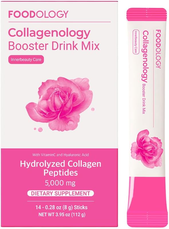 FOODOLOGY Collagenology Booster Drink Mix (Pack of 1, 14 Days) - Ελαστικότητα του δέρματος, σύνθεση του κολλαγόνου, ενυδάτωση. Υδρολυμένες πεπτίδες, βιοτίνη, βιταμίνες.