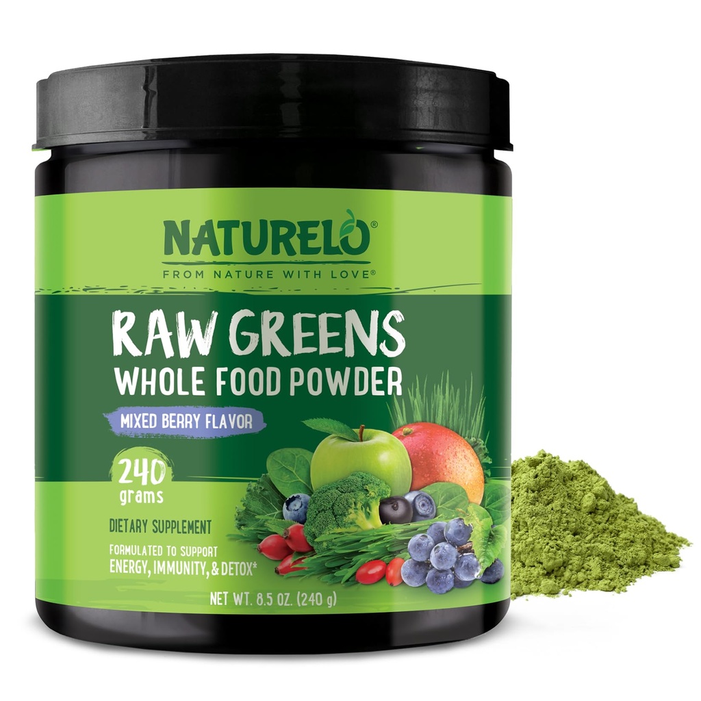 NATURELO Ακατέργαστα Πράσινα Superfood Powder 240 Grams, Mixed Berry - Υποστηρίζει την ενέργεια, την ασυλία και το Detox - Περιλαμβάνει Spirulina, σιτάρι Grass και οργανικά πράσινα για ολόκληρη τη διατροφή των τροφίμων